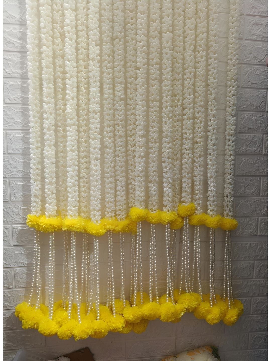Sellplus 18Pcs White & Yellow Nutts Mogra String With Marigold Tassel Hanging