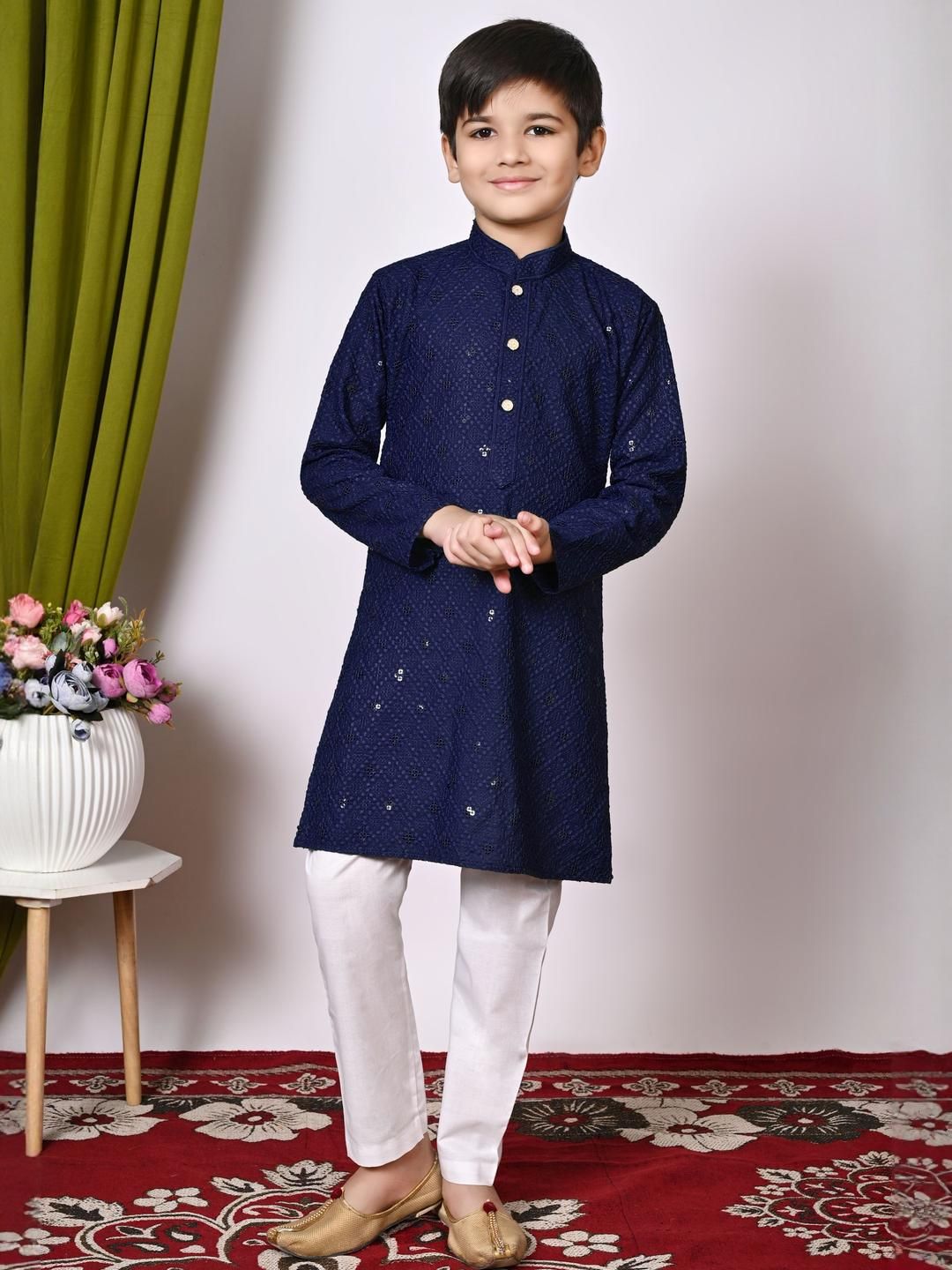TAKE STYLE Boys Navy Blue Cotton Blend Embroidered Kurta Sets-picture-12