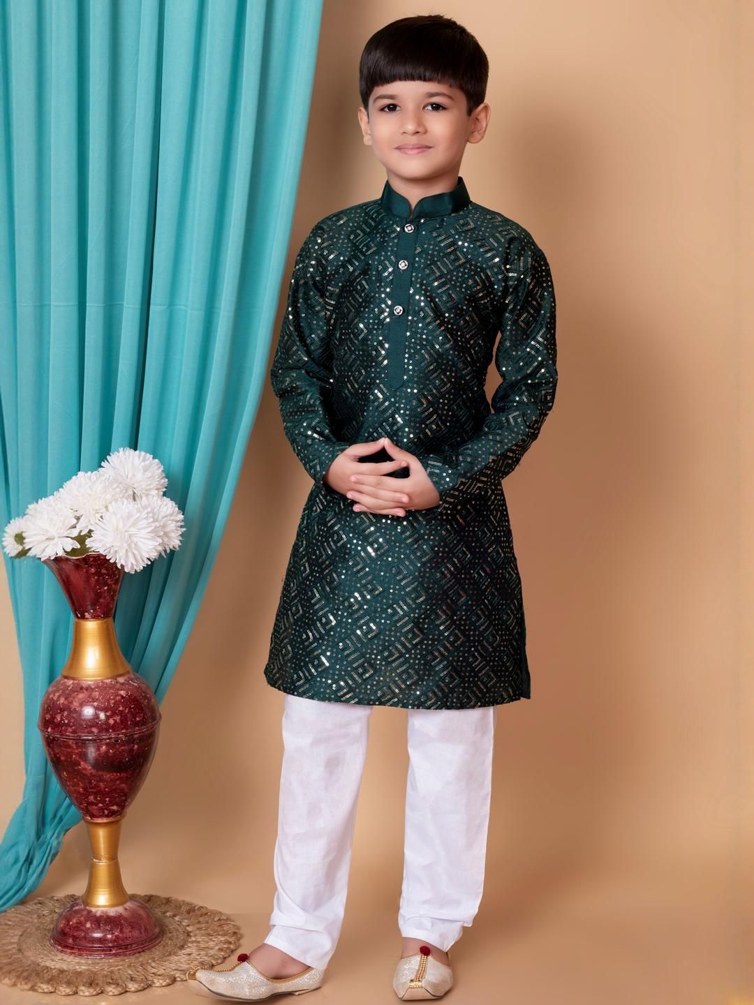 TAKE STYLE Boys Green Dupion Silk Embroidered Kurta Sets-picture-21
