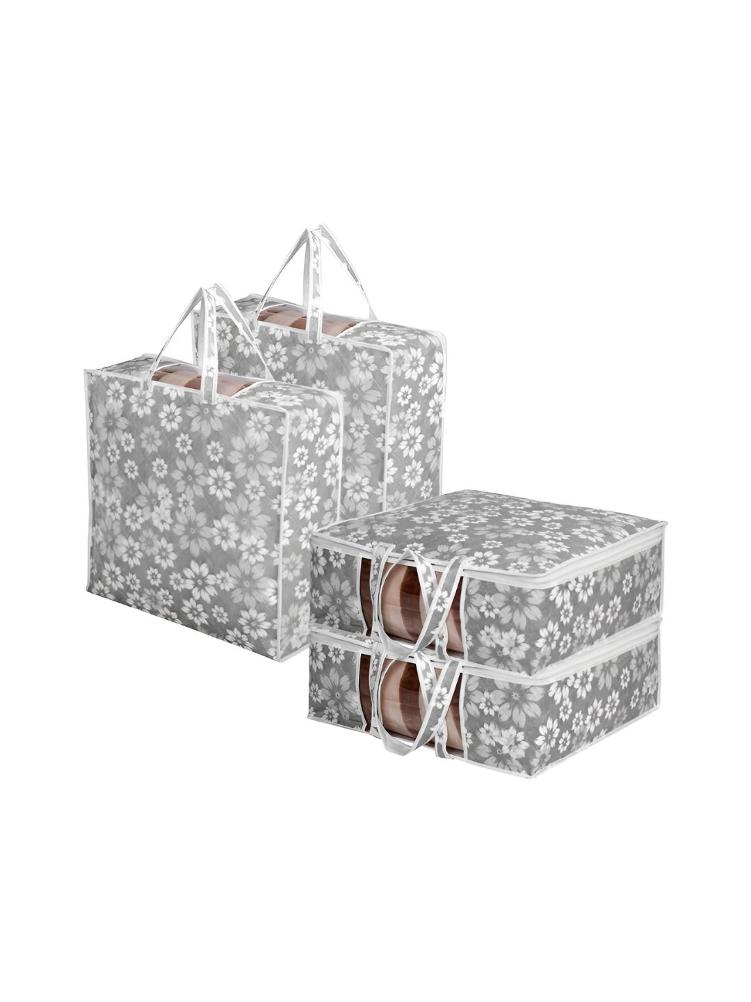 Aura Grey & White 4 Pieces Floral Printed Multi-Utility Organisers-picture-22