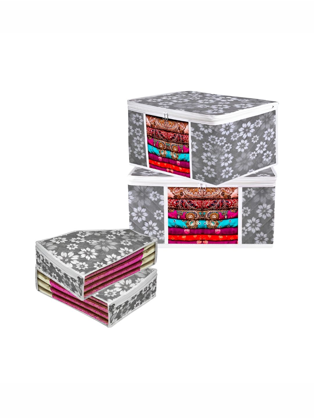 Aura Grey & White 4 Pieces Printed Blouse & Saree Cover Organisers-picture-10