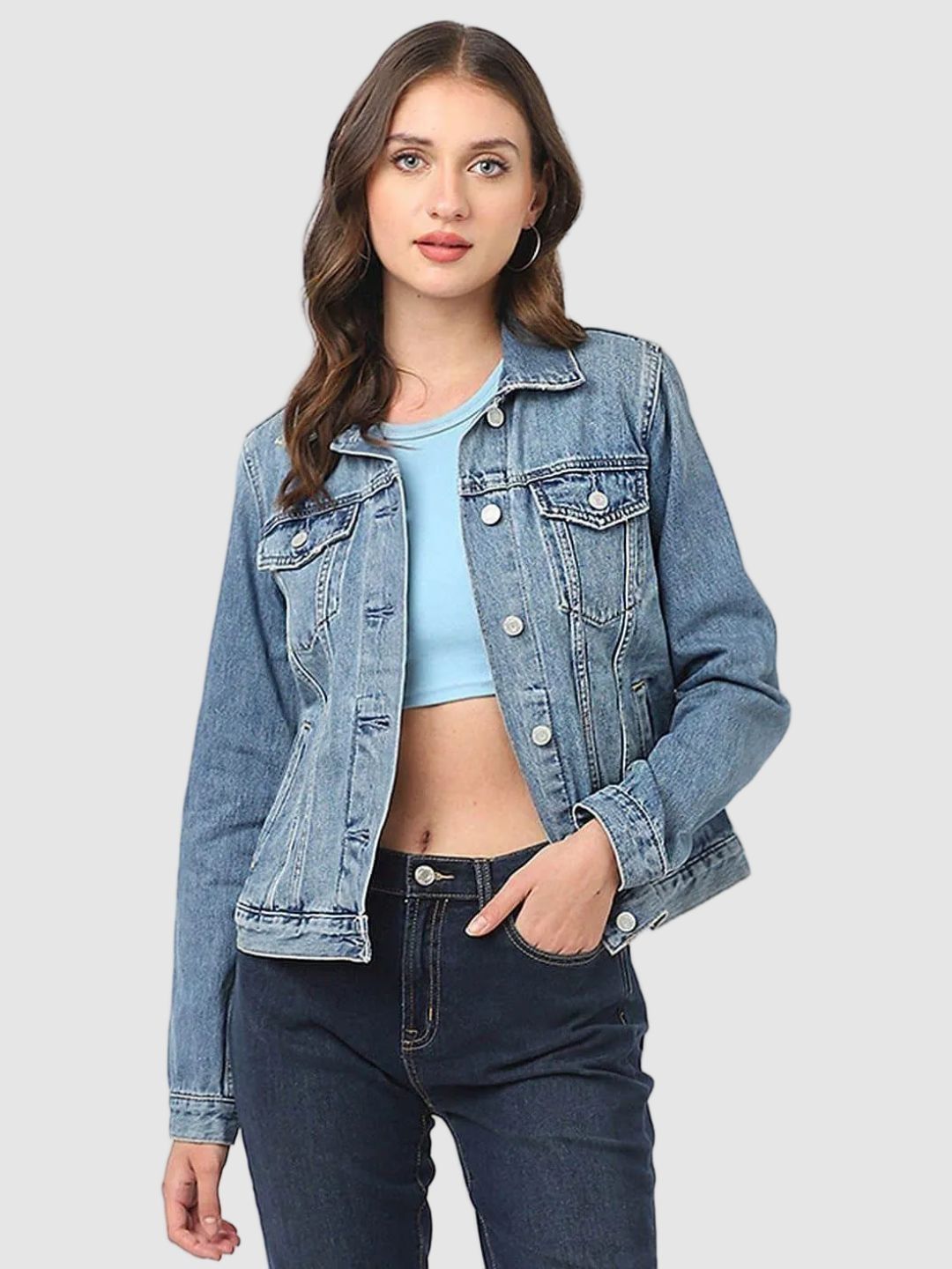 GAP Women Spread Collar Solid Denim Jacket-picture-11