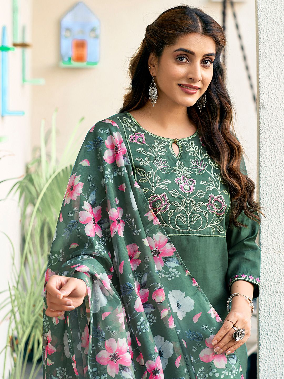 SANISA Women Woven Design Embroidered Kurta with Trousers & Dupatta