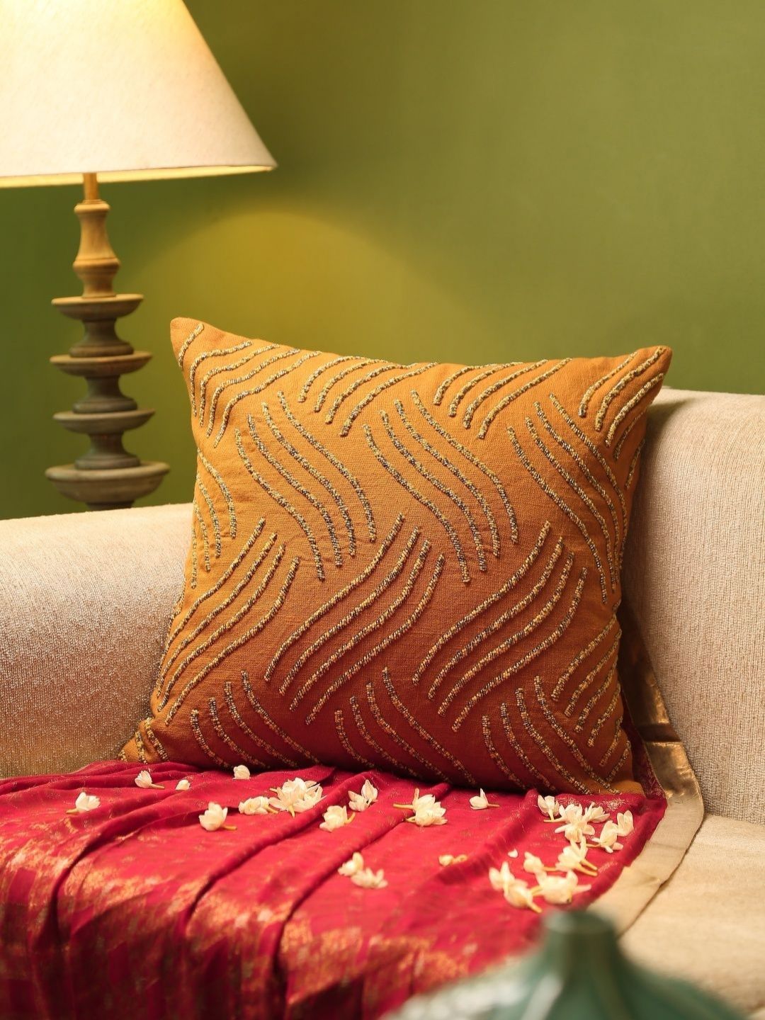 Revive Home Mustard & Cream-Coloured Embellished Beaded Square Cushion Cover-picture-24