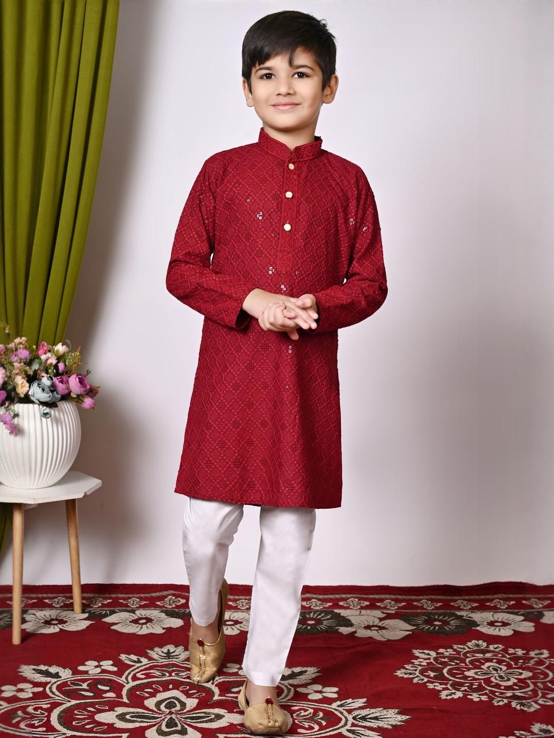 TAKE STYLE Boys Maroon Cotton Blend Embroidered Kurta Sets-image-20