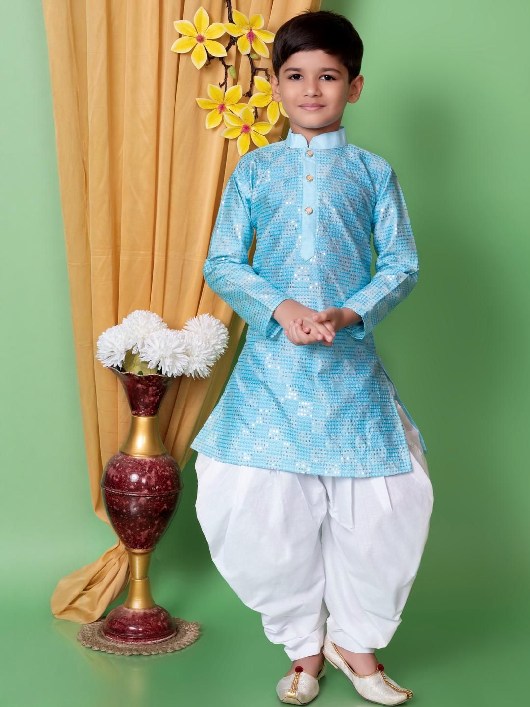 TAKE STYLE Boys Turquoise Blue Dupion Silk Embroidered Kurta Sets-image-39