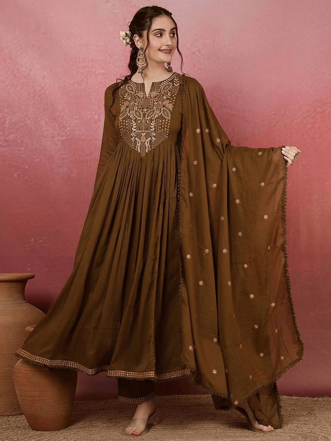 Lilots Women Ethnic Motifs Embroidered V-Neck Chanderi Silk Kurta with Trousers & Dupatta