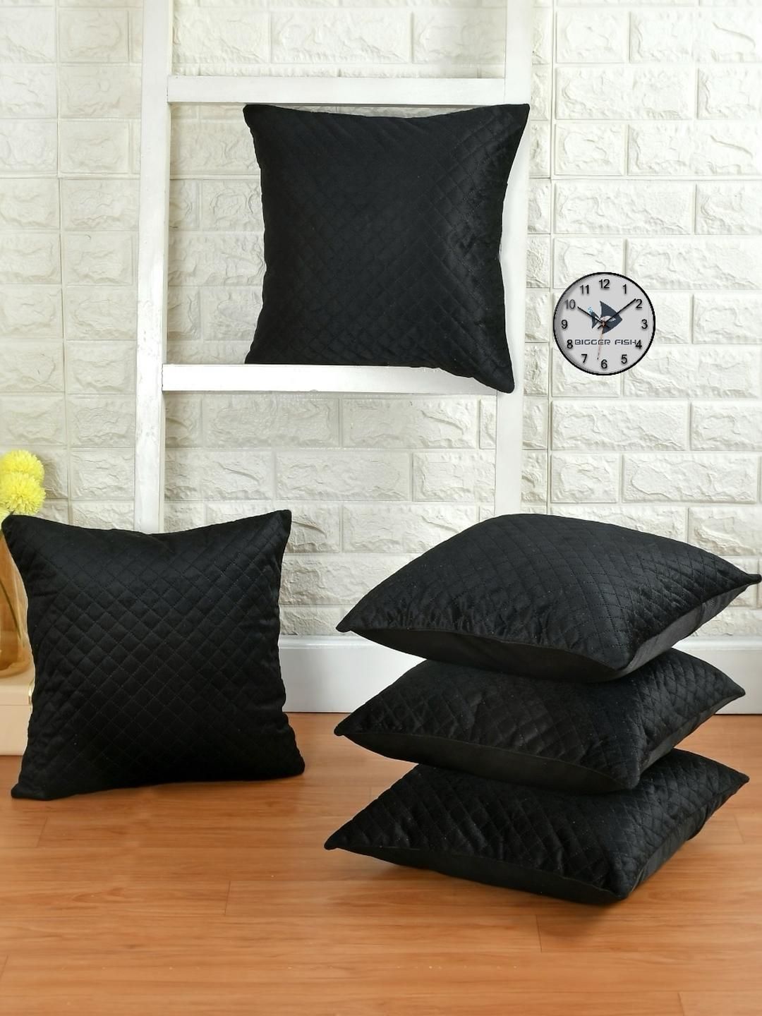 BIGGER FISH Black Set of 5 Checked Velvet Rectangle Cushion Covers-picture-31