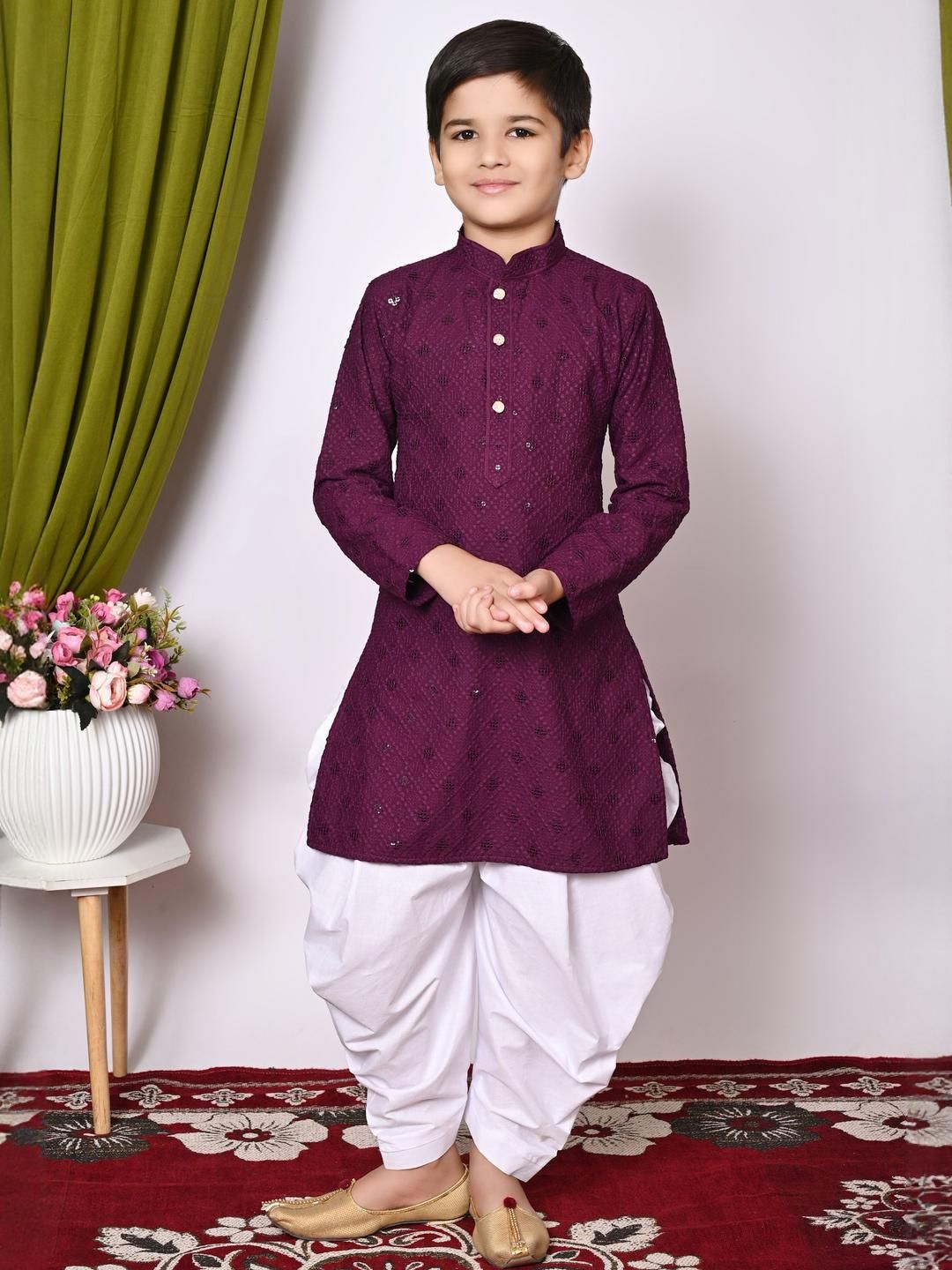 TAKE STYLE Boys Purple Cotton Blend Embroidered Kurta Sets-image-40