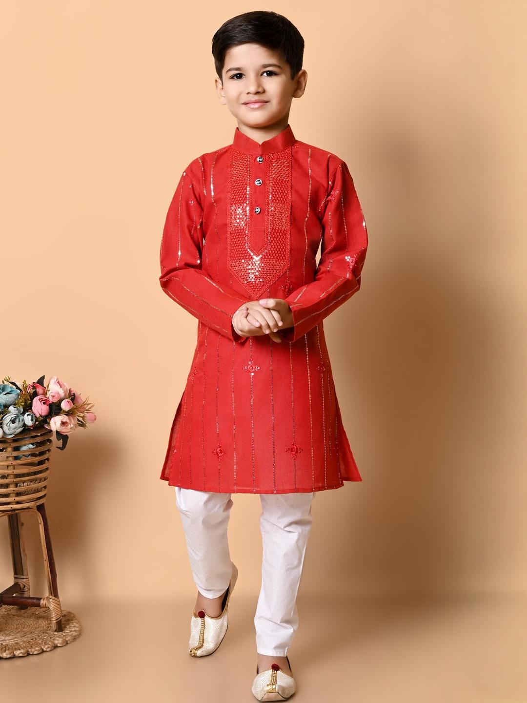 TAKE STYLE Boys Red Cotton Blend Embroidered Kurta Sets-picture-23