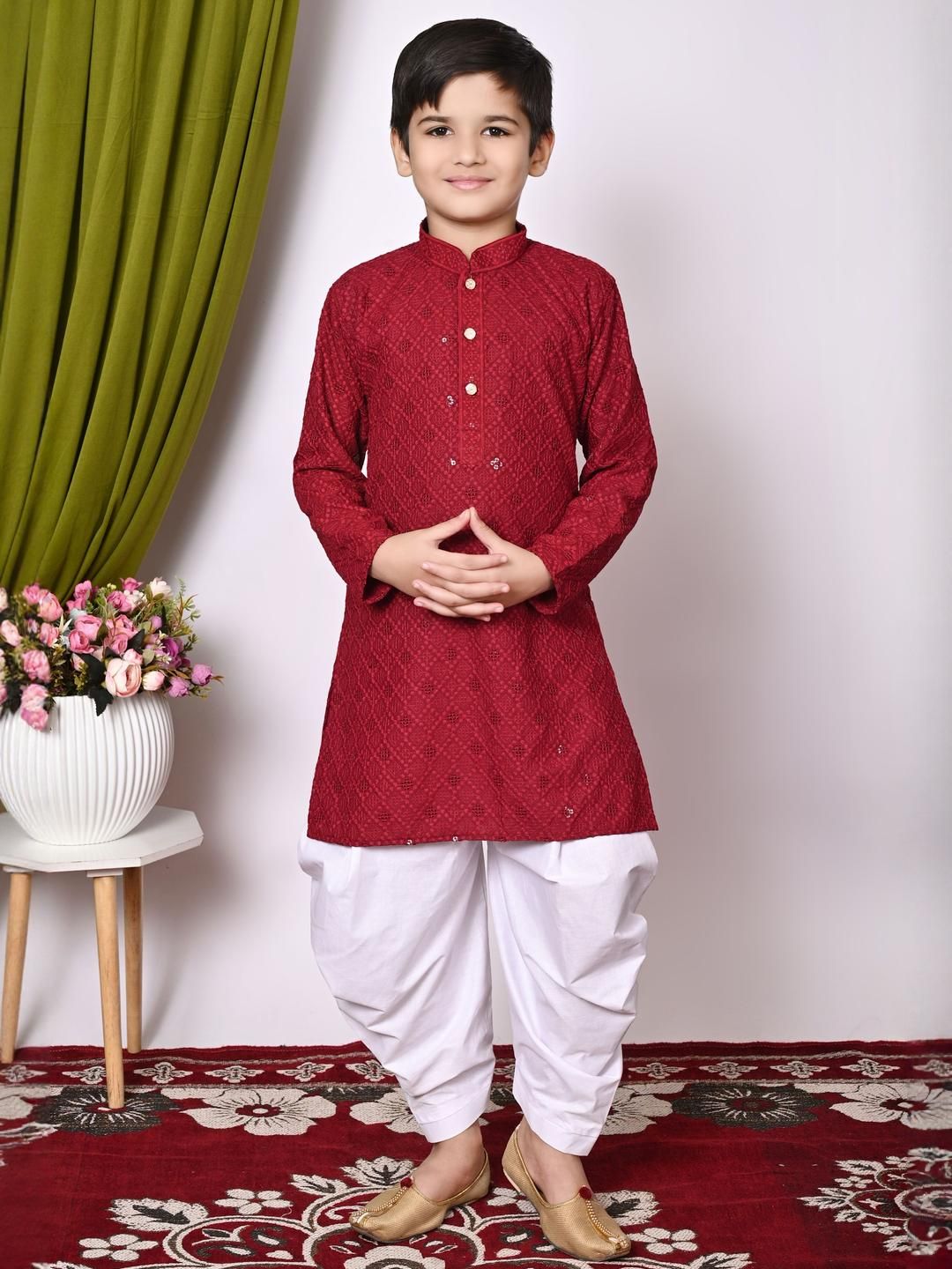 TAKE STYLE Boys Maroon Cotton Blend Embroidered Kurta Sets-picture-31