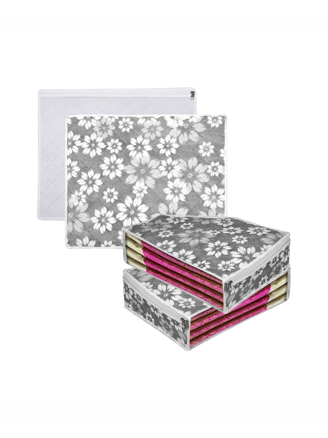 Aura Grey & White 4 Pieces Floral Printed Multi-Utility Organisers-picture-29