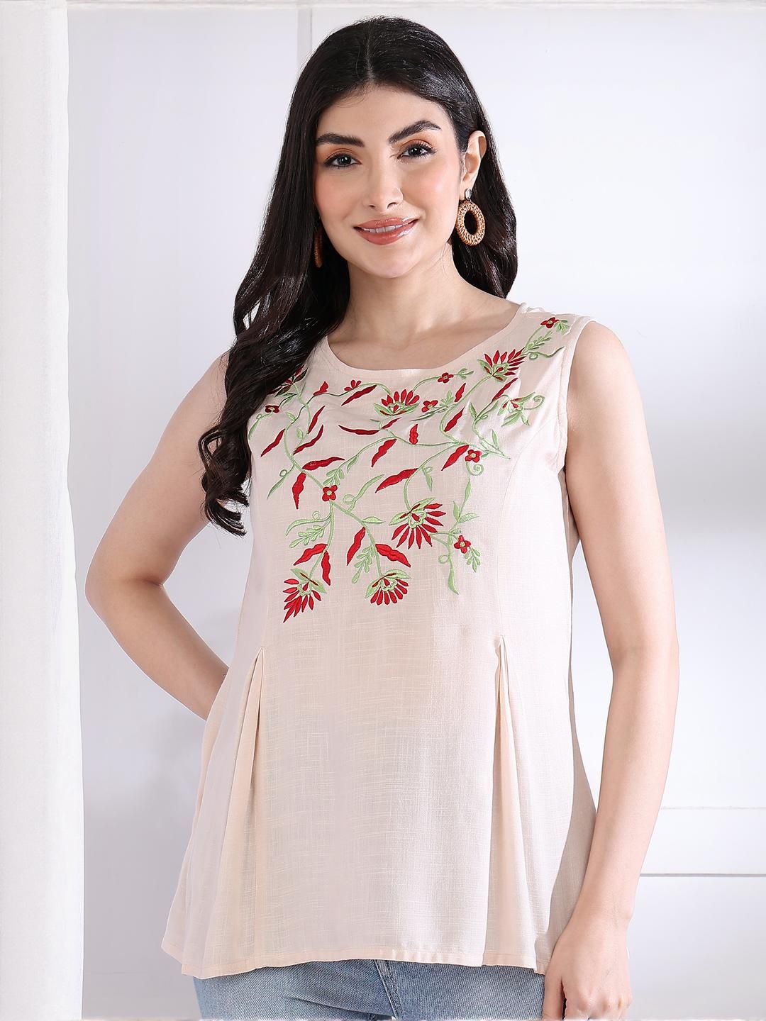 YASH GALLERY Women Off White Rayon Slub Sleeveless Embroidered Top-picture-35