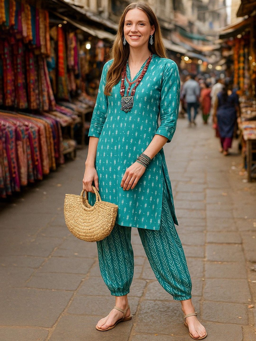 Lookmark Geometric Printed Straight Kurta With Trousers