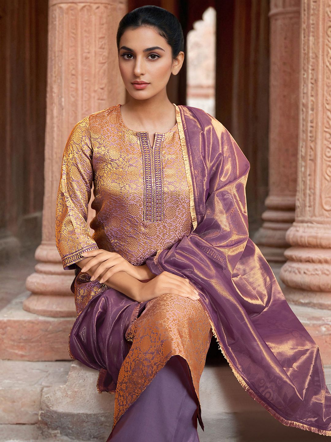 Skylee Pop Floral Embroidered Notch Neck Zari Straight Kurta With Trousers & Dupatta