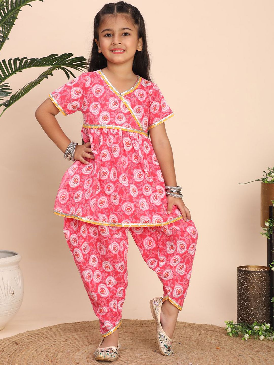 Cutiekins Girls Floral Printed V-Neck Angrakha Gotta Patti Kurta With Dhoti Pants-picture-32