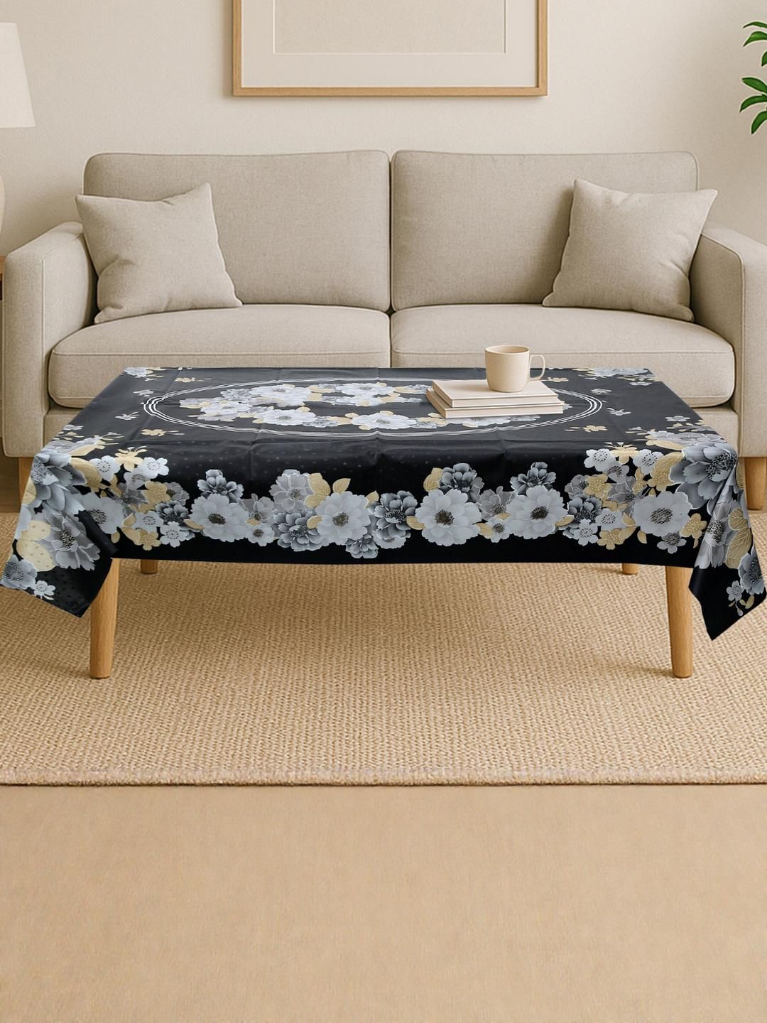 CROSMO Black Floral Waterproof Plastic 4-Seater Table Cover with Embellished details-image-37
