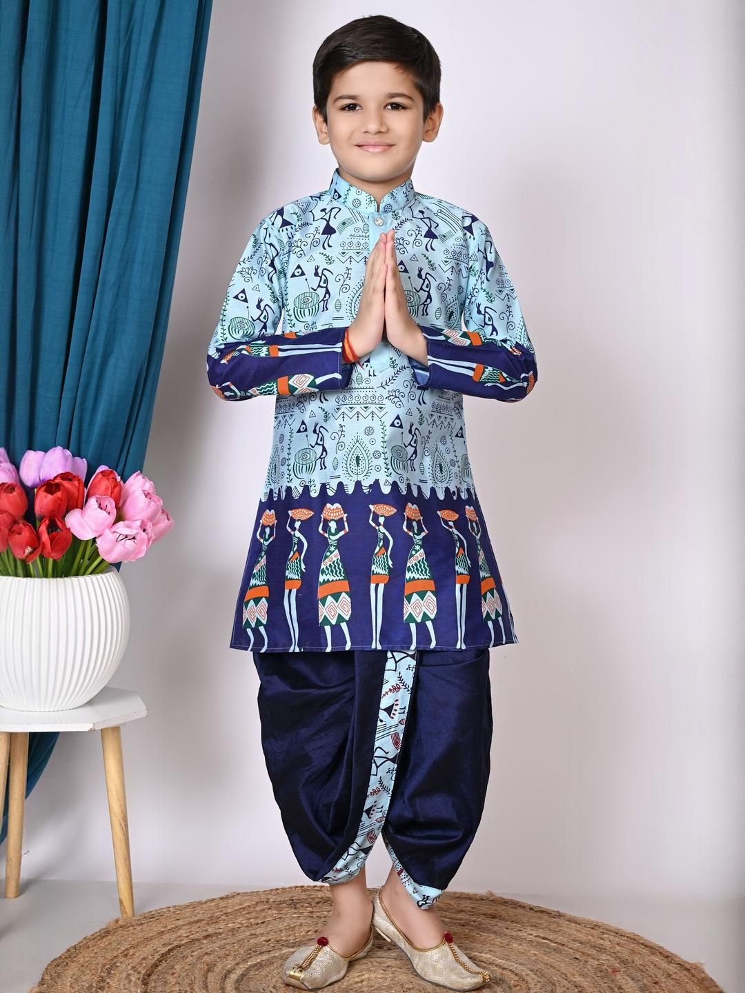 TAKE STYLE Boys Blue Dupion Silk Printed Kurta Sets-image-7