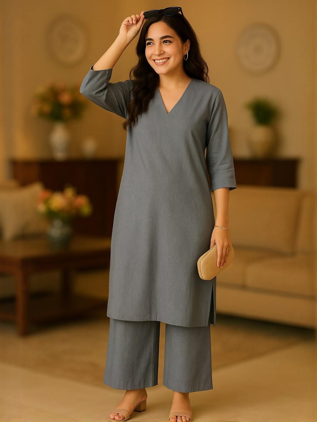 Sangria Women Blue Cotton Blend Solid Kurta Sets