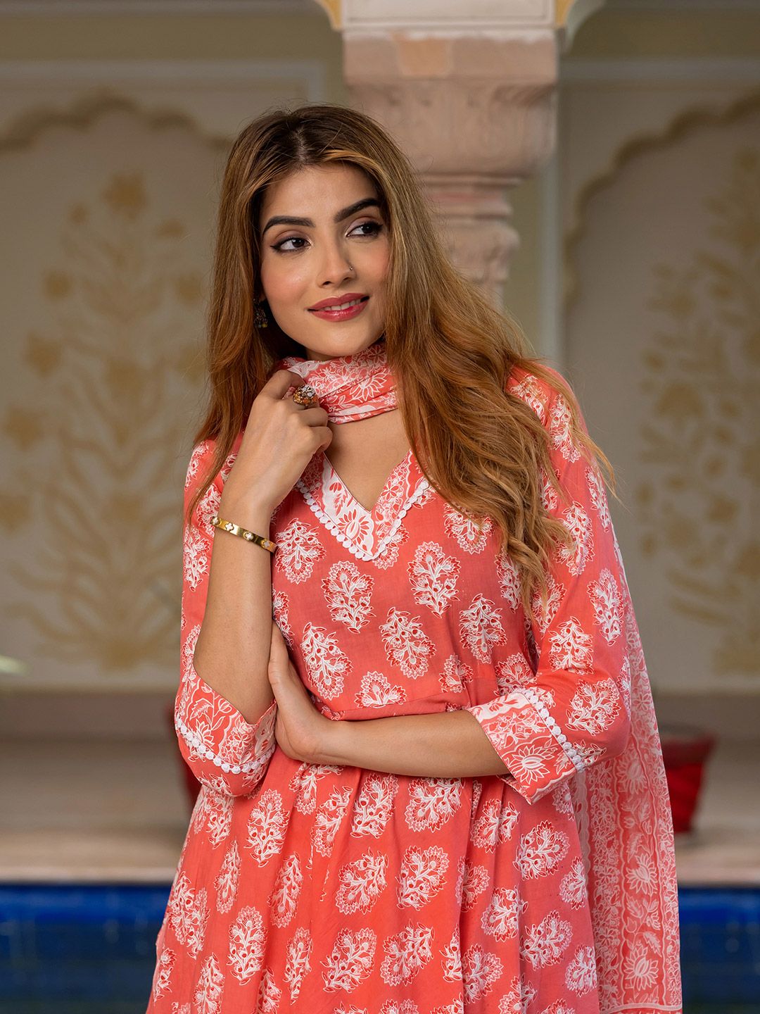KALINI Women Floral Printed Regular Pure Cotton Kurta with Trousers & Dupatta