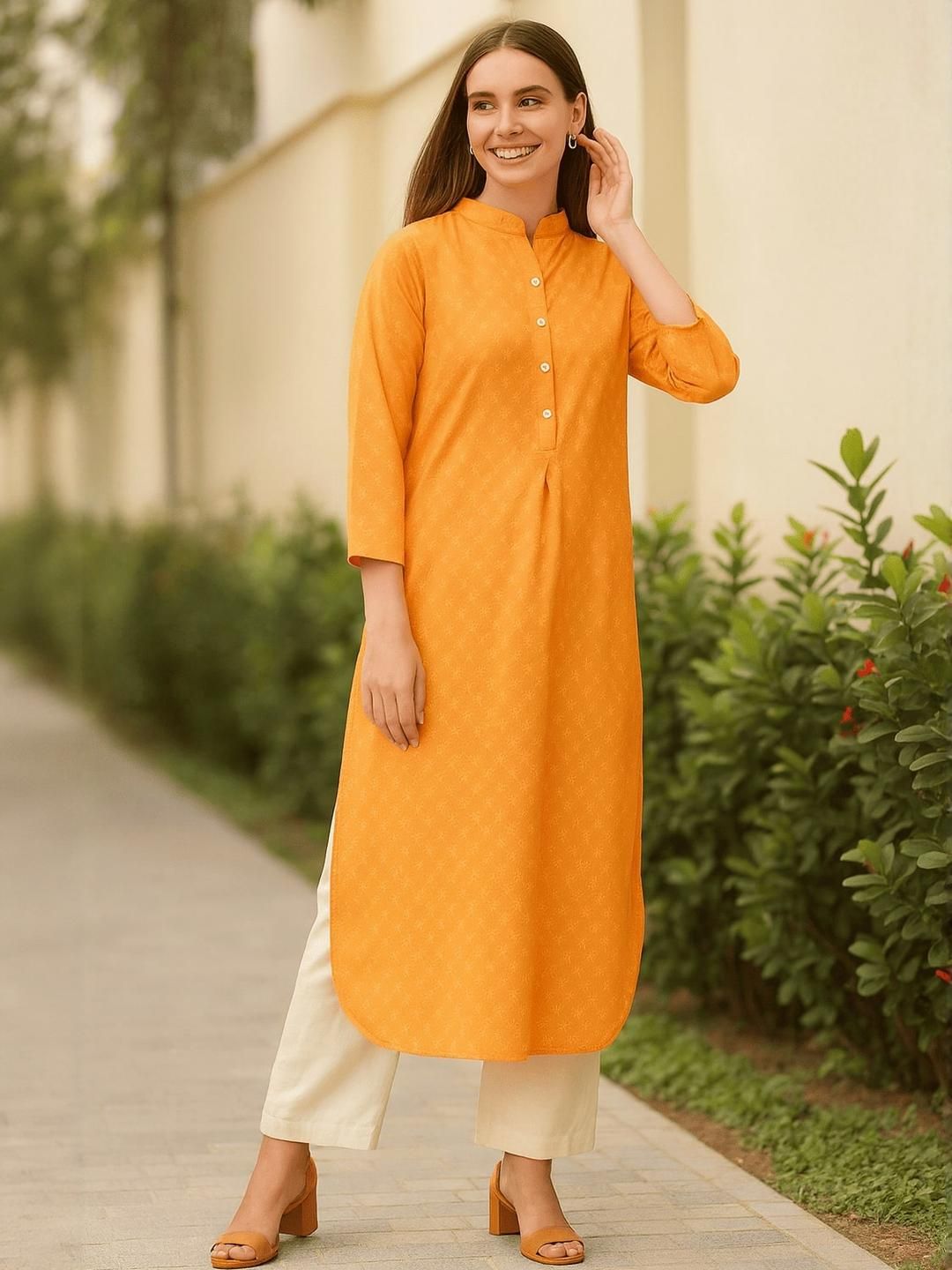 Sangria Women Orange Cotton Blend Printed Kurta Sets
