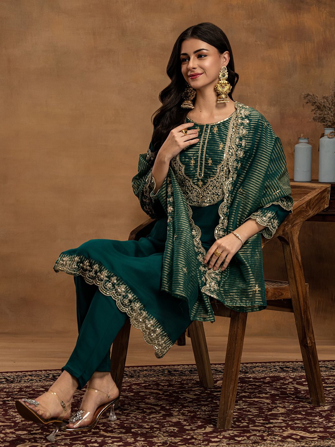 Sangria Floral Yoke Design Sequinned Straight Kurta With Trouser & Dupatta