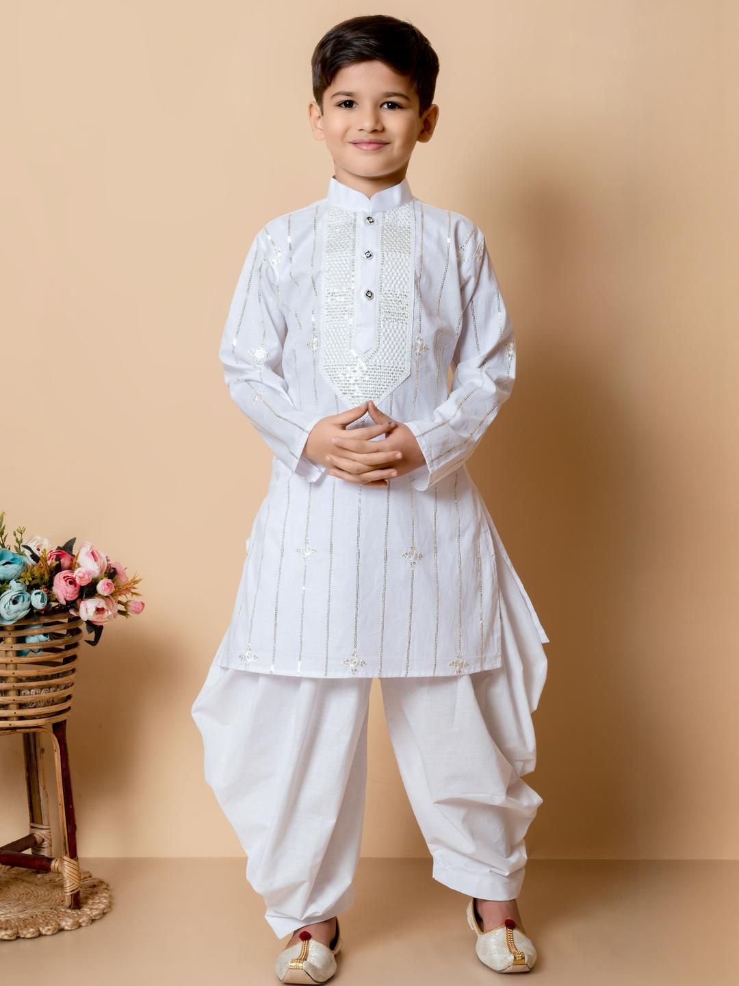 TAKE STYLE Boys White Cotton Blend Embroidered Kurta Sets-image-36