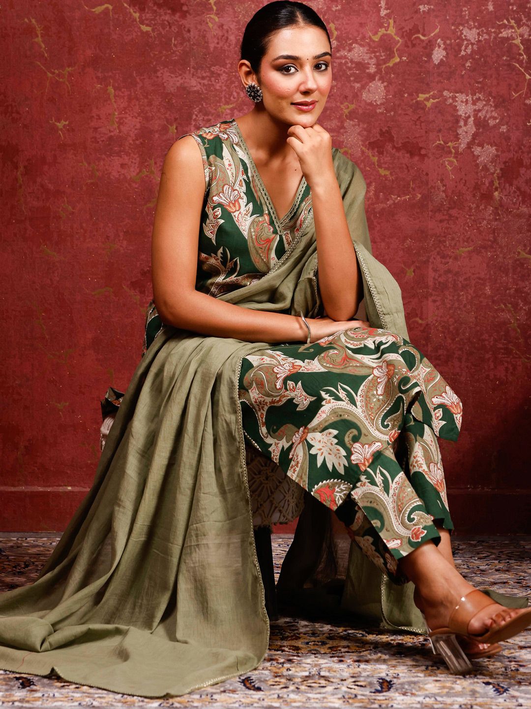 Rimeline Women Ethnic Motifs Printed Pure Cotton Kurta with Trousers & Dupatta