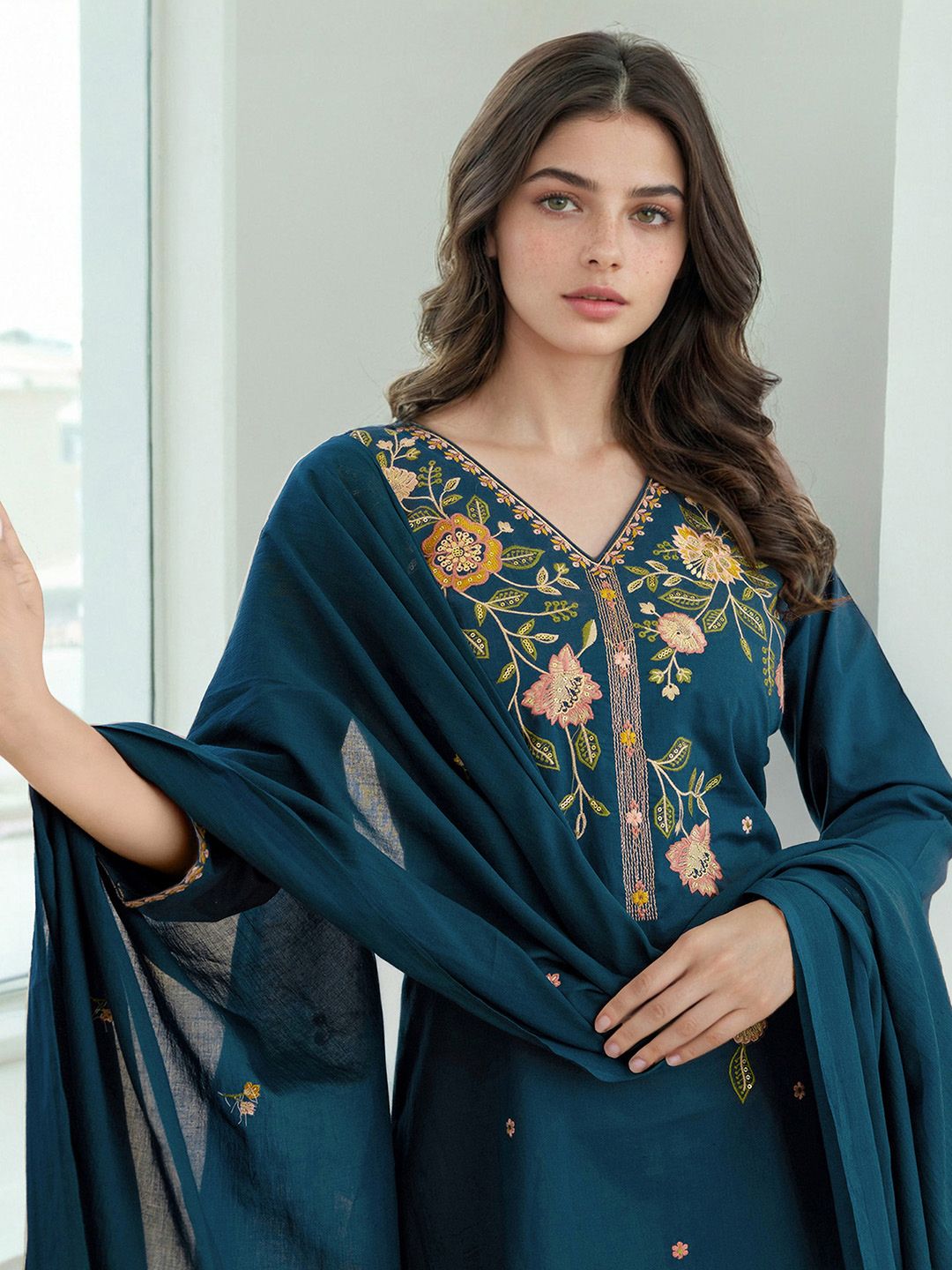 Skylee Pop Floral Embroidered Sequinned Straight Kurta With Trousers & Dupatta