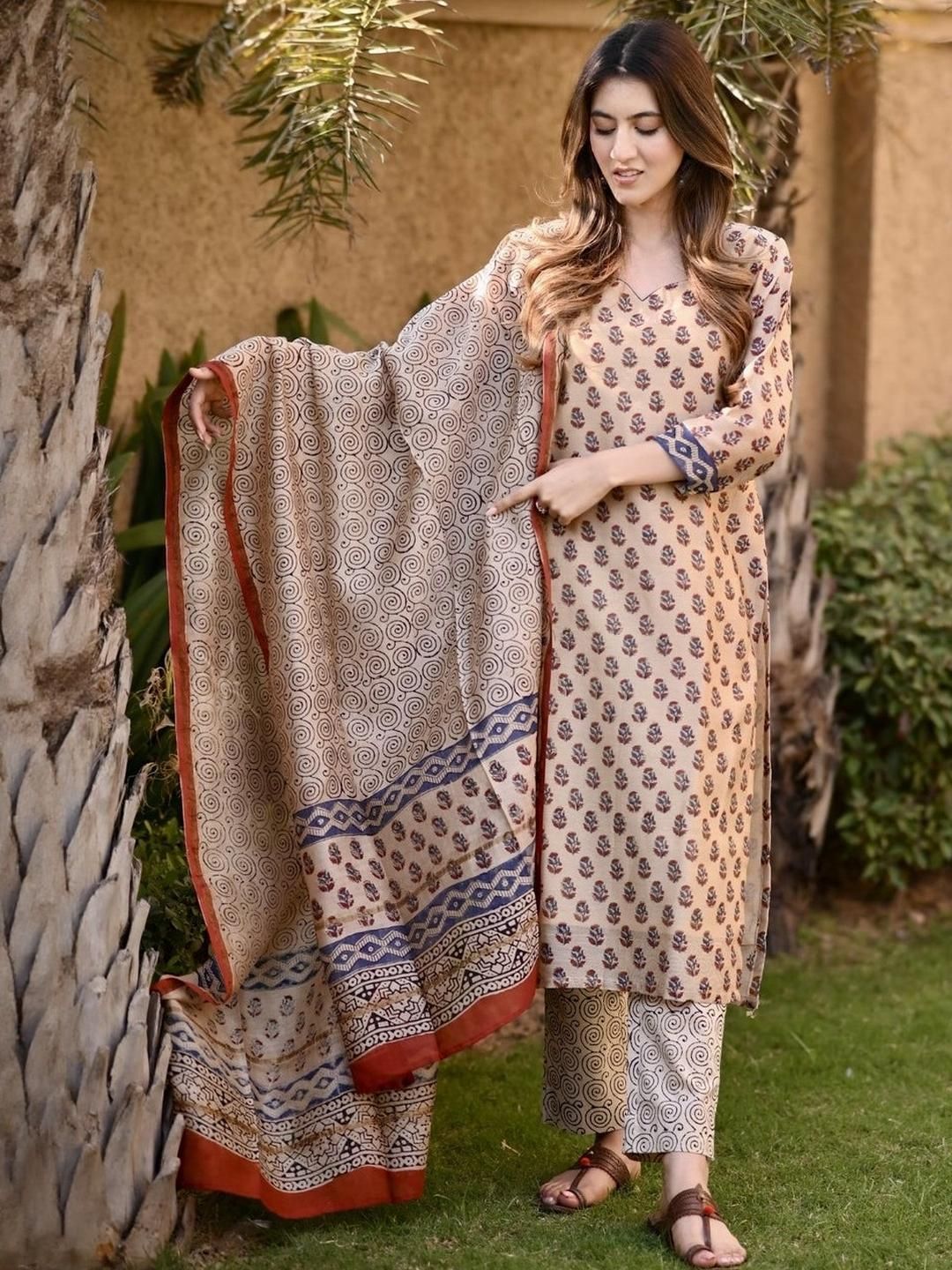 KALINI Women Beige Viscose Rayon Printed Kurta Sets
