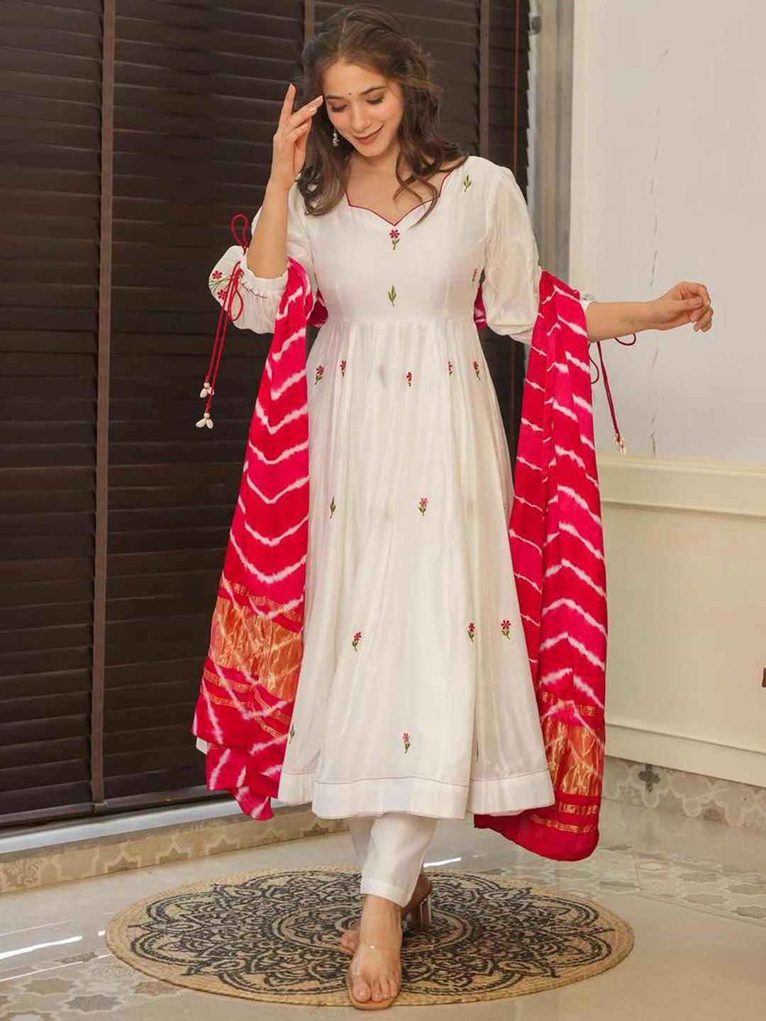 Lilots Ethnic Motifs Embroidered V-Neck Thread Work Straight Kurta With Trousers & Dupatta