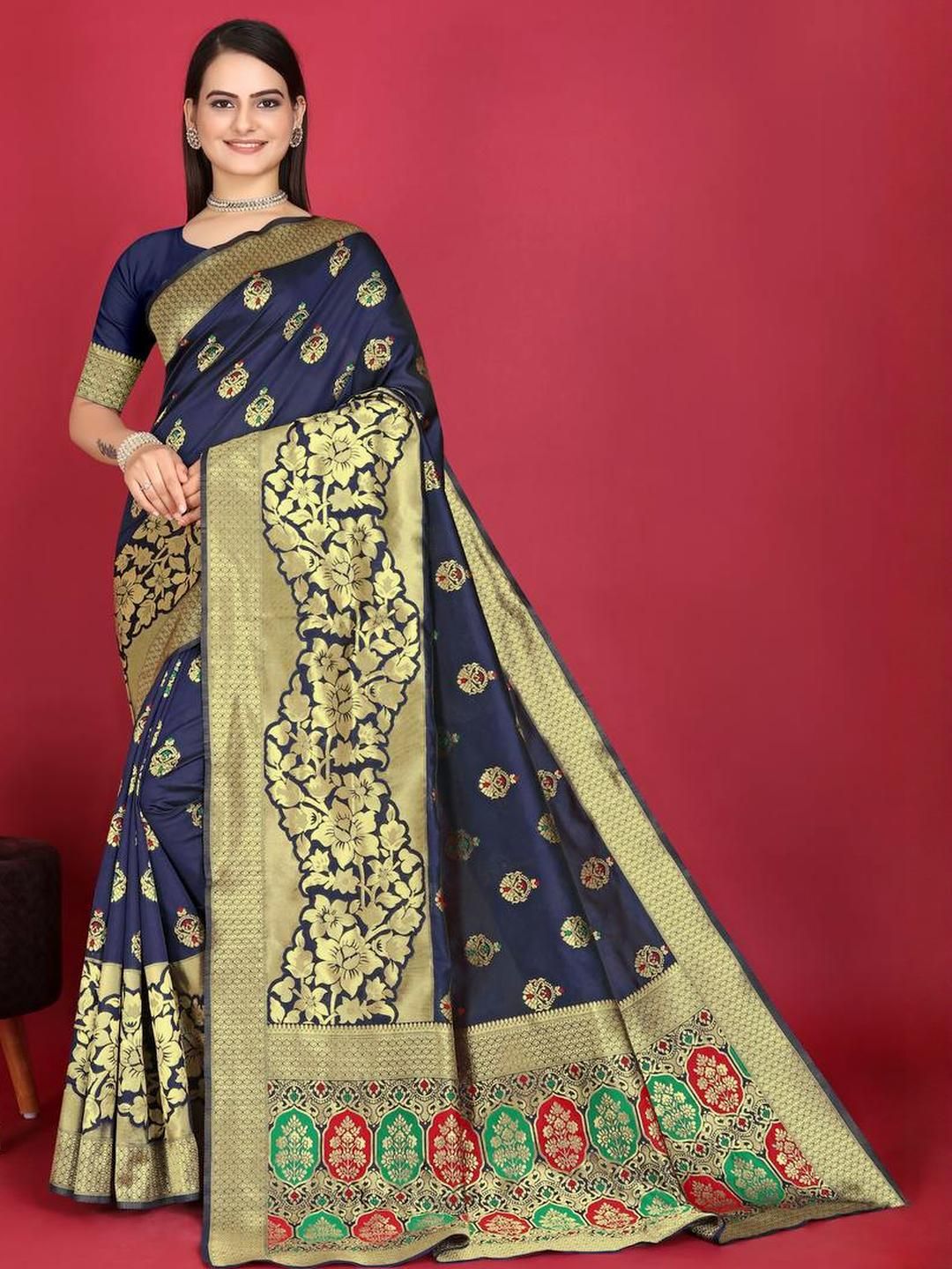 Sita Navy Blue Silk Blend Woven Design Sarees-picture-39