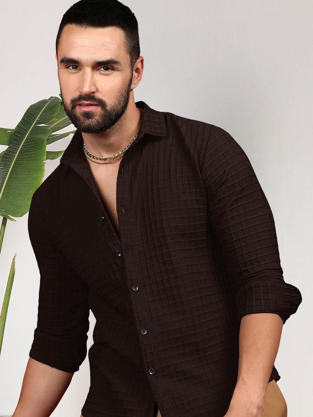 Moda Rapido Men Brown Solid Checked Textured Casual Shirt-picture-32