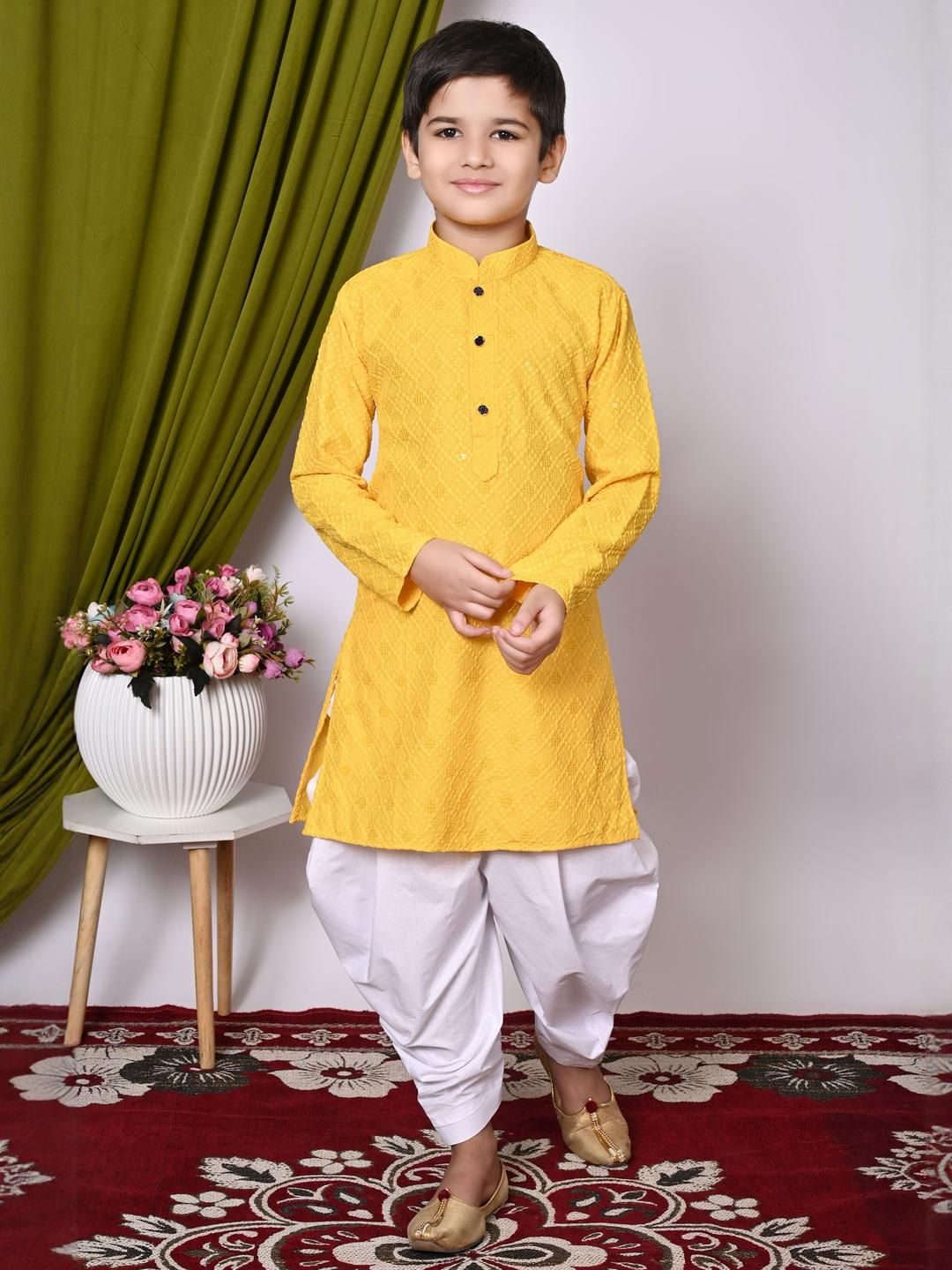 TAKE STYLE Boys Yellow Cotton Blend Embroidered Kurta Sets-picture-26