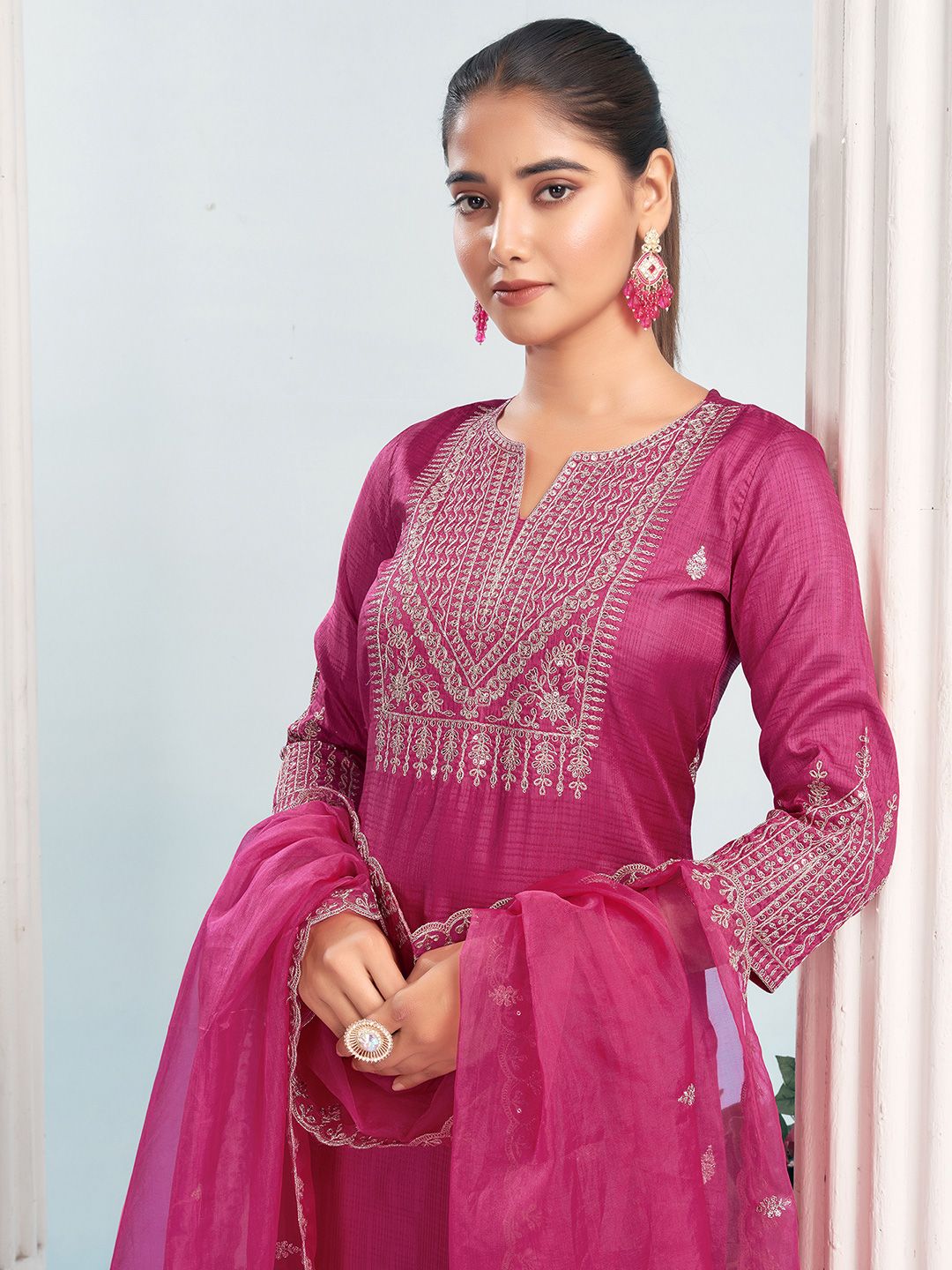 SANISA Ethnic Motifs Embroidered Sequinned Kurta With Trousers & Dupatta