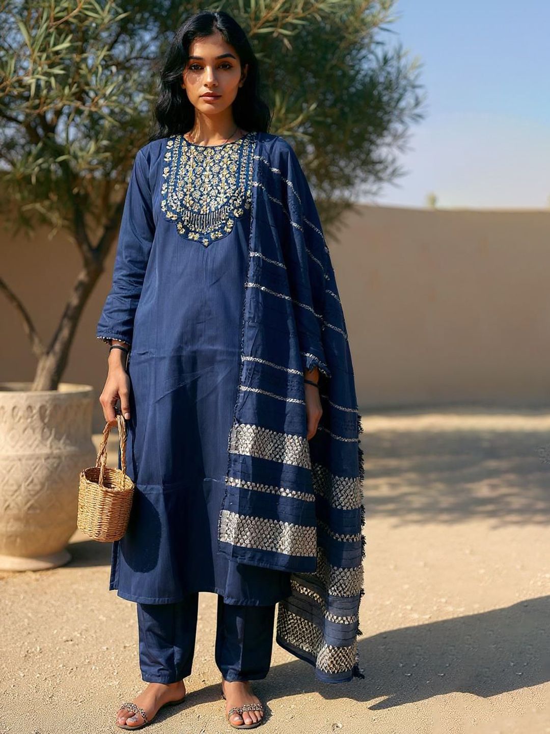 Twika Women Ethnic Motifs Embroidered Regular Kurta with Trousers & With Dupatta