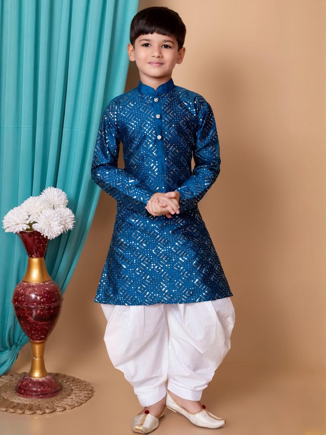 TAKE STYLE Boys Blue Dupion Silk Embroidered Kurta Sets-picture-38