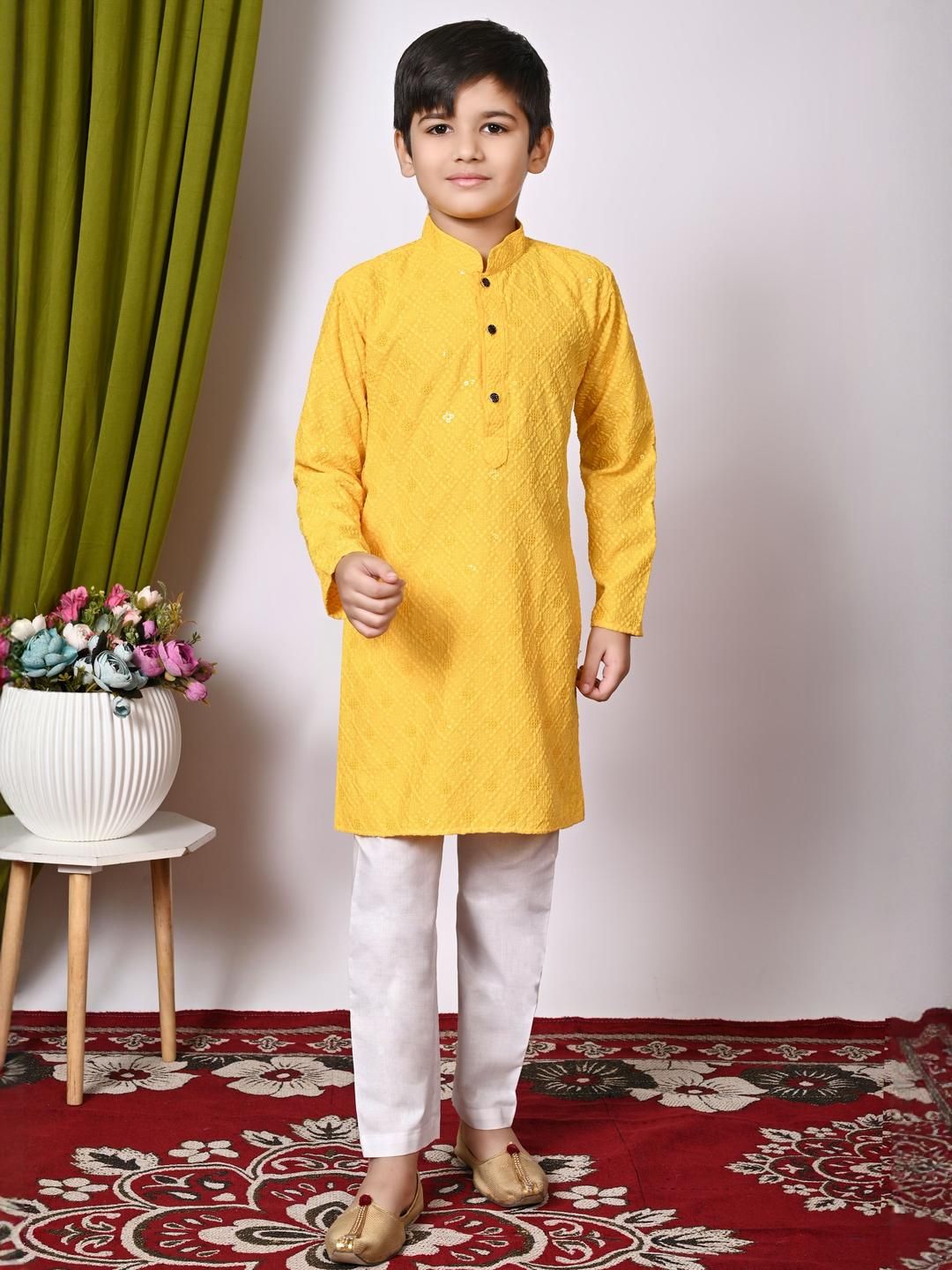 TAKE STYLE Boys Yellow Cotton Blend Embroidered Kurta Sets-picture-16