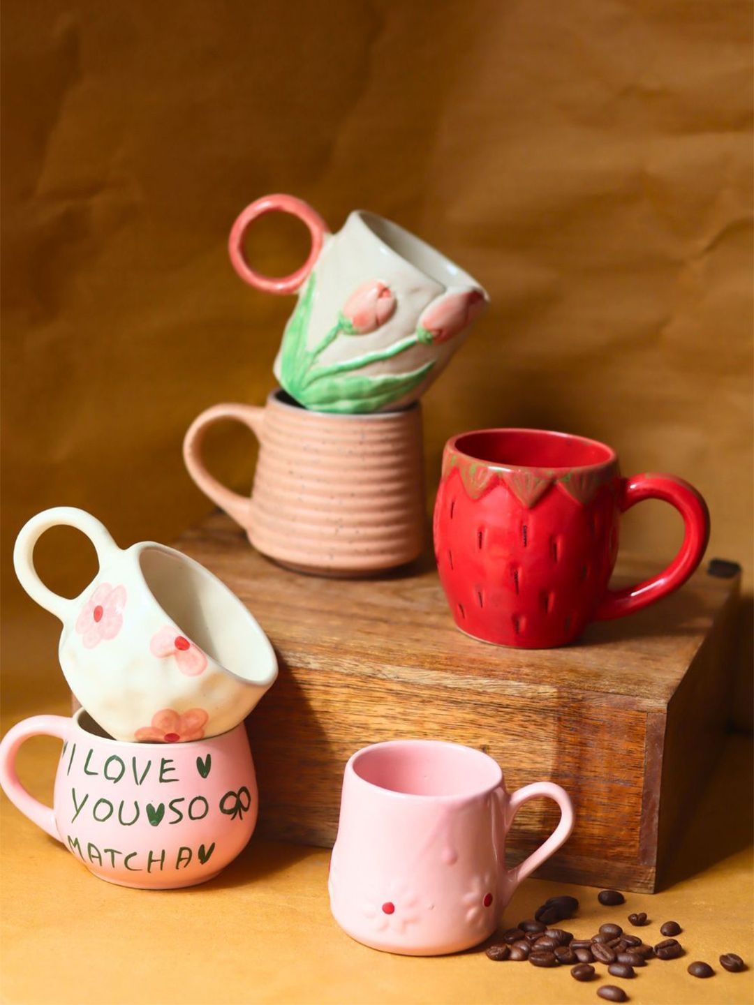 WEAVING HOMES Pink & Red 6 Pieces Textured Ceramic Glossy Cups Set-image-32