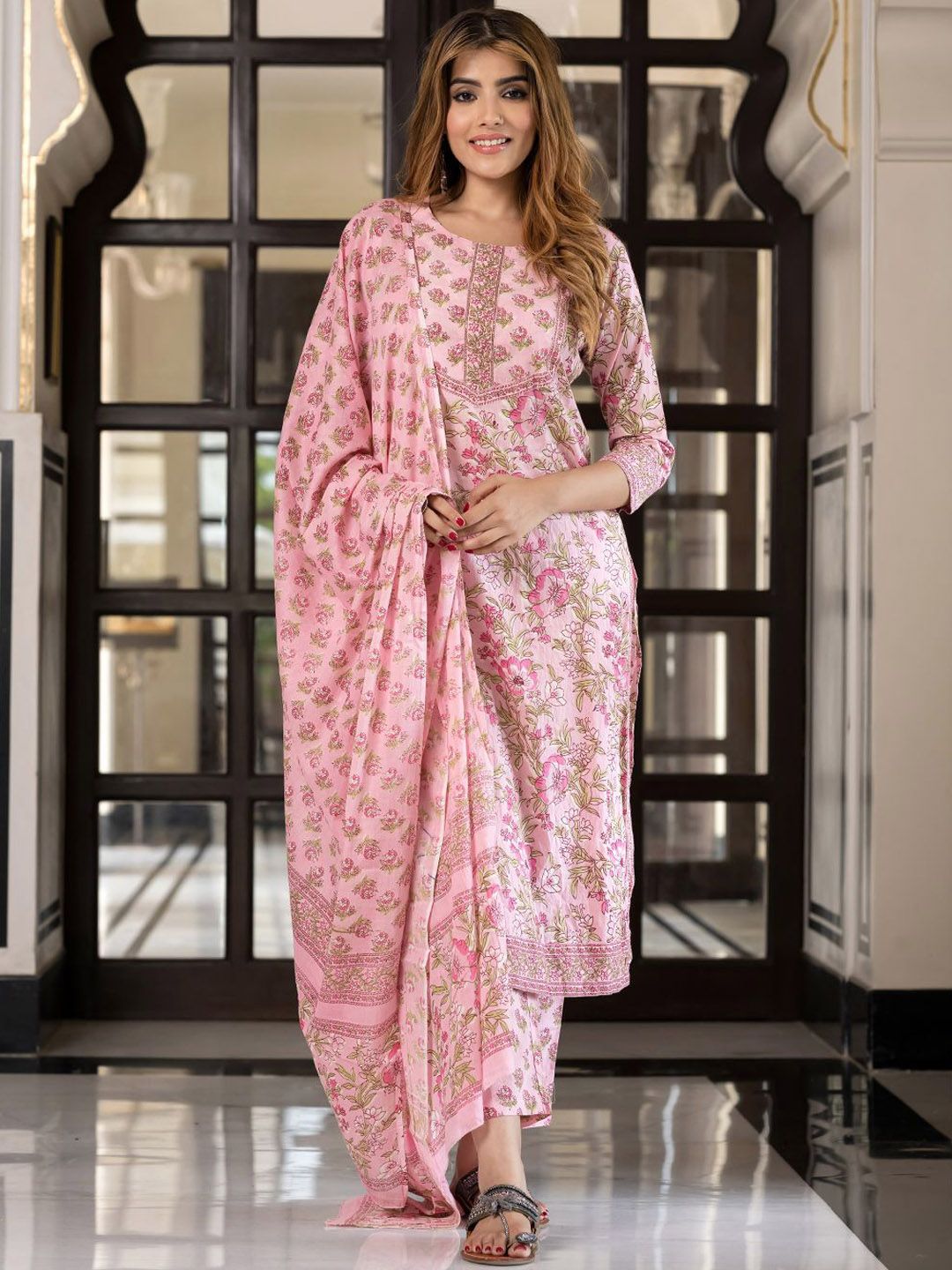 KALINI Floral Printed Sequinned Pure Cotton Straight Kurta With Trousers & Dupatta
