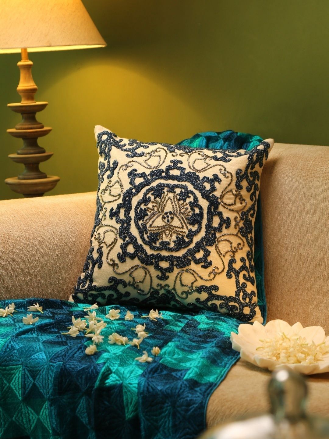 Revive Home Blue & Beige Embroidered Cotton Square Cushion Cover-picture-37