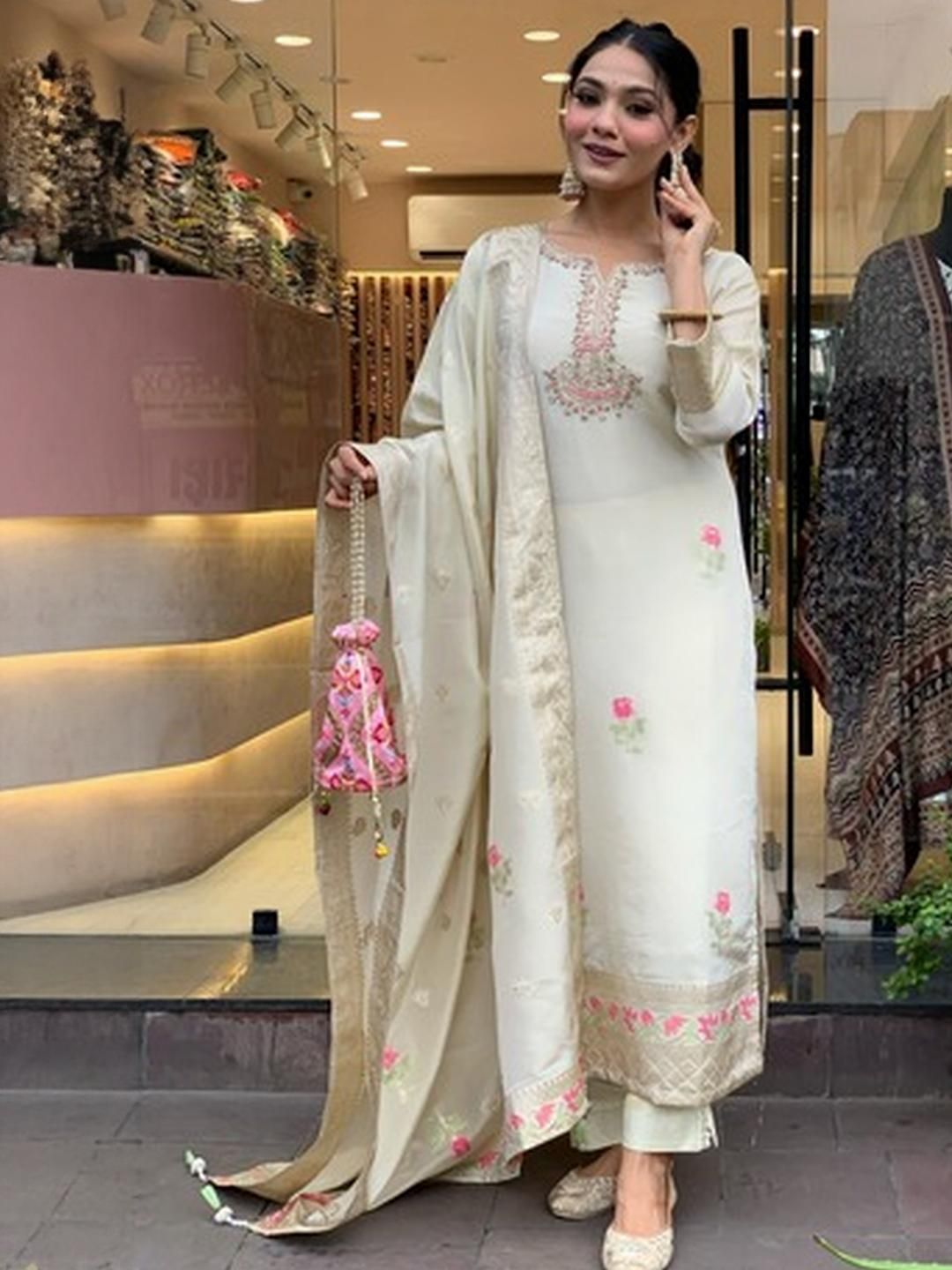 ATOXIC Women Cream Chanderi Silk Kurta Sets