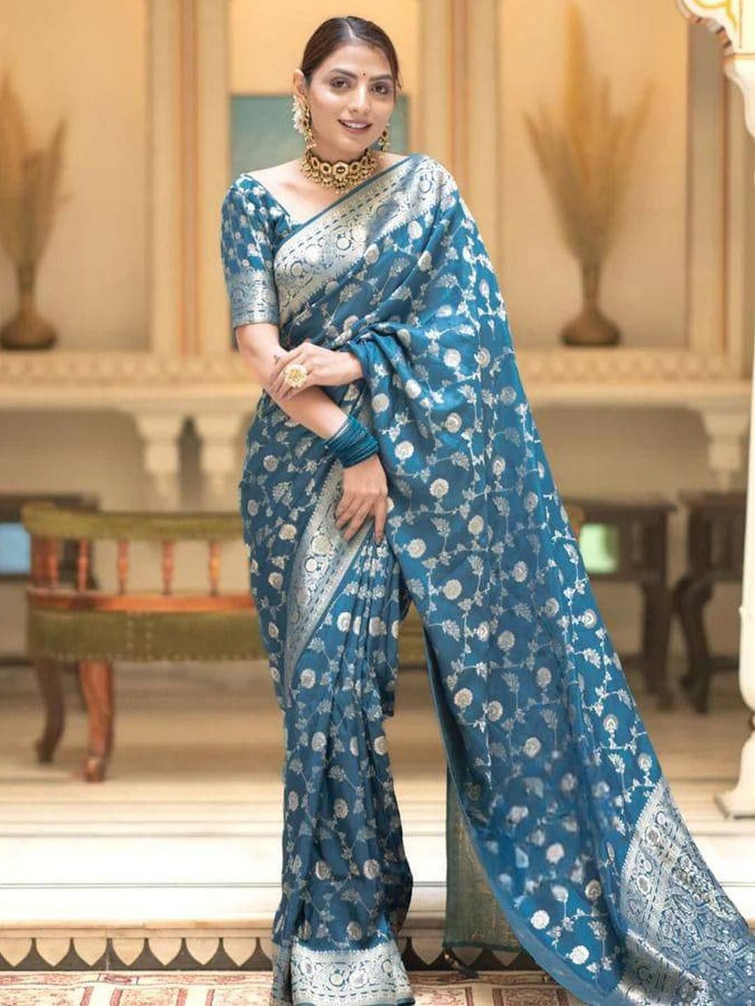 Sita Turquoise Blue Silk Blend Woven Design Sarees-picture-34