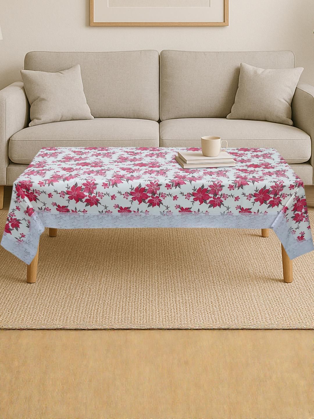 CROSMO Pink Floral Waterproof Plastic 4-Seater Table Cover-picture-29