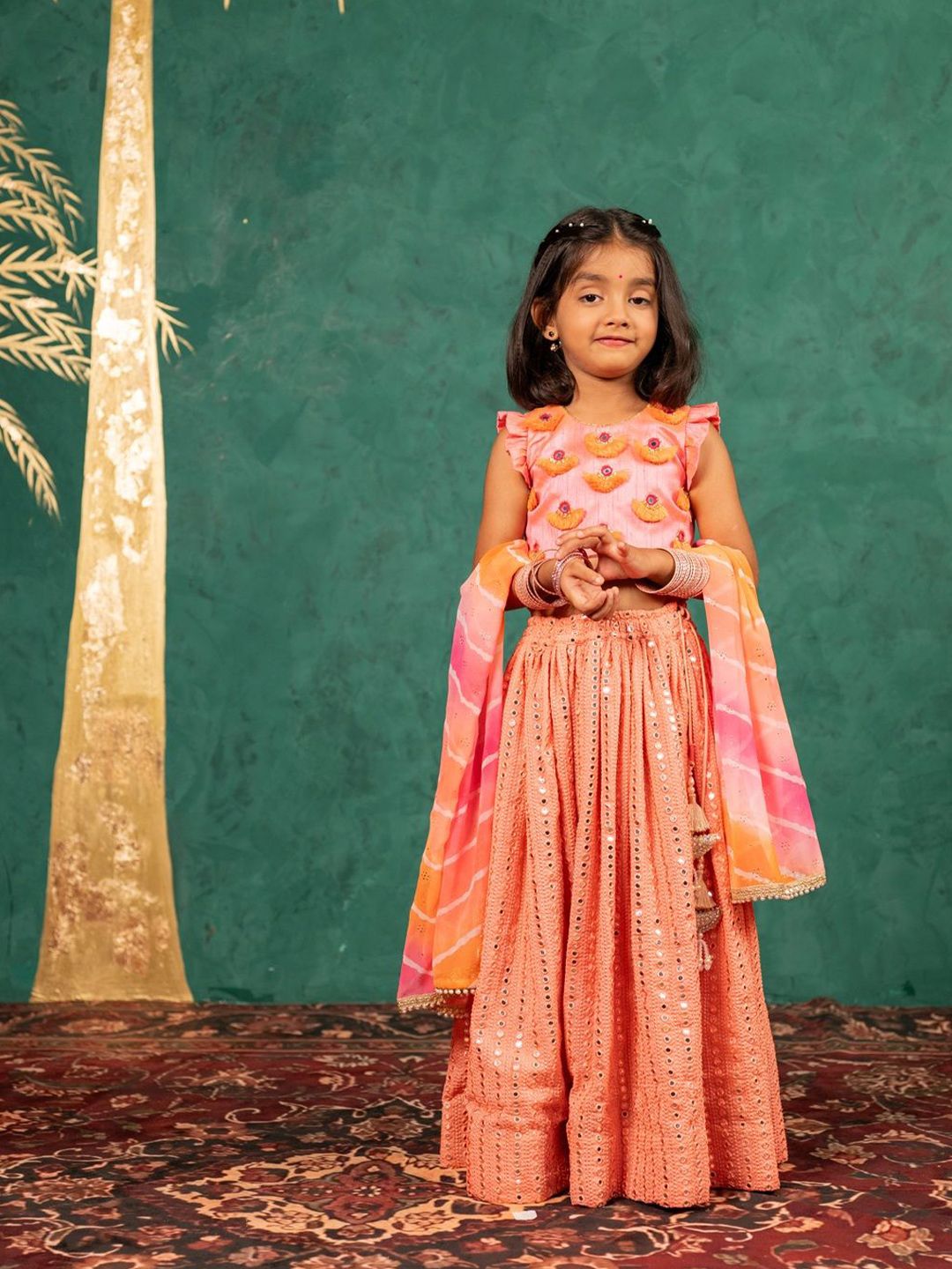 Jilmil Girls Floral Embroidered Mirror Work Ready to Wear Lehenga & Blouse With Dupatta-picture-13