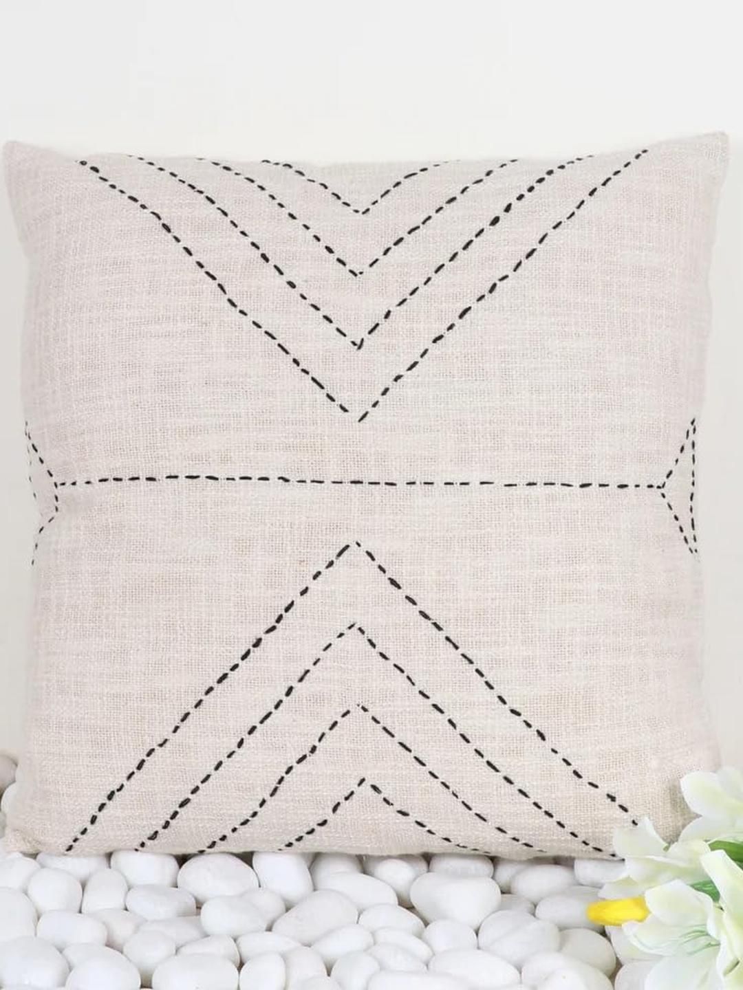 Indihomecraft White & Black Embroidered Square Cushion Cover-picture-40