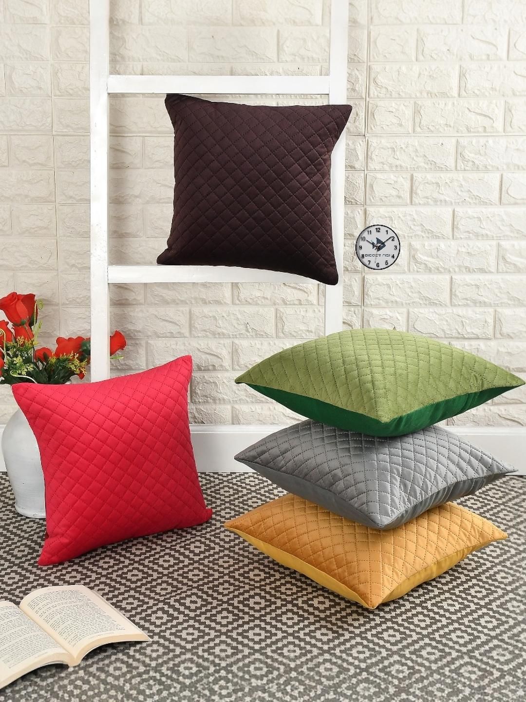 BIGGER FISH Set of 5 Multicoloured Velvet Quilted Cushion Covers-picture-34