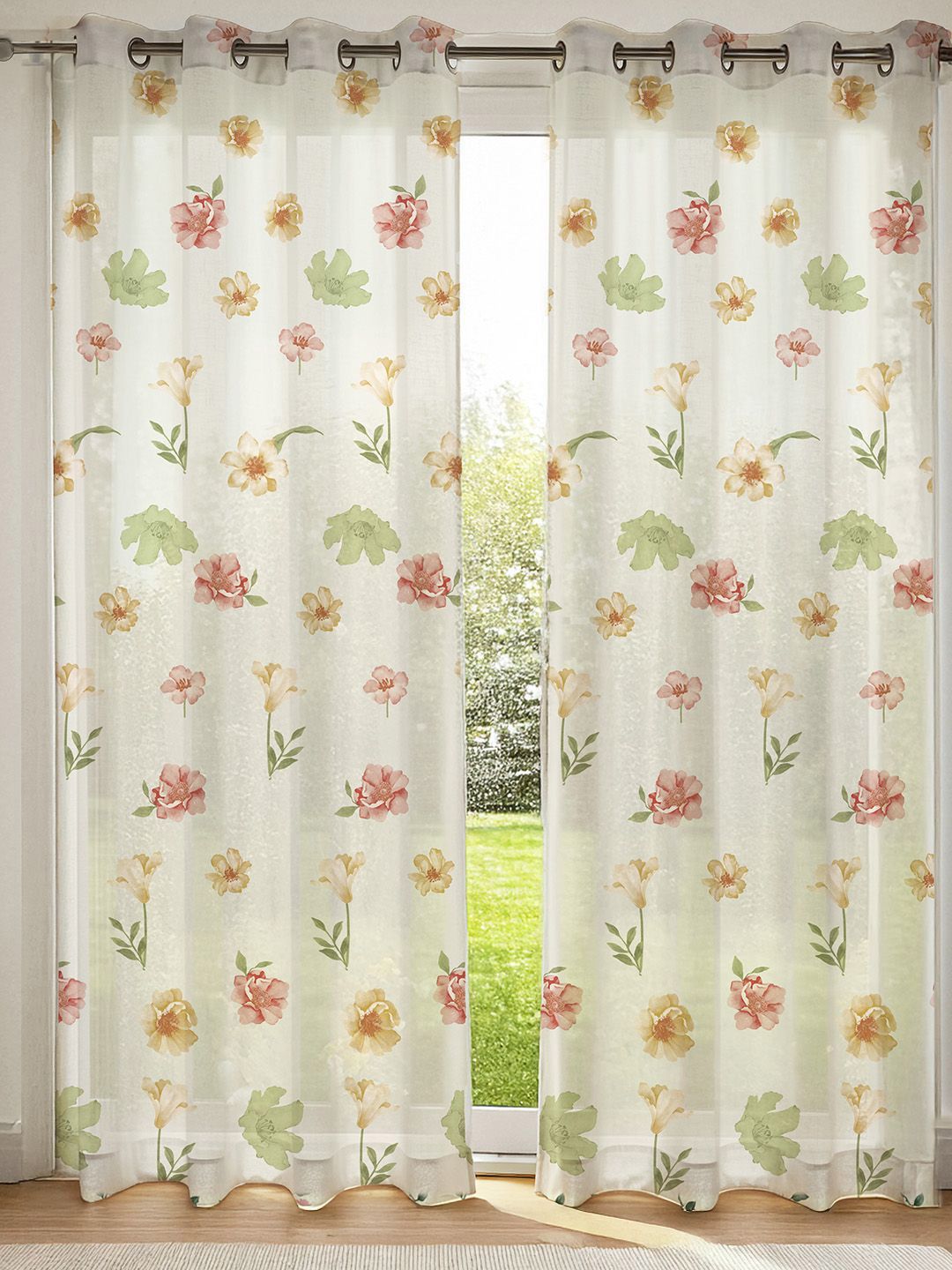 URBAN SPACE White & Red 2 Pieces Floral Printed Sheer Door Curtains-image-44