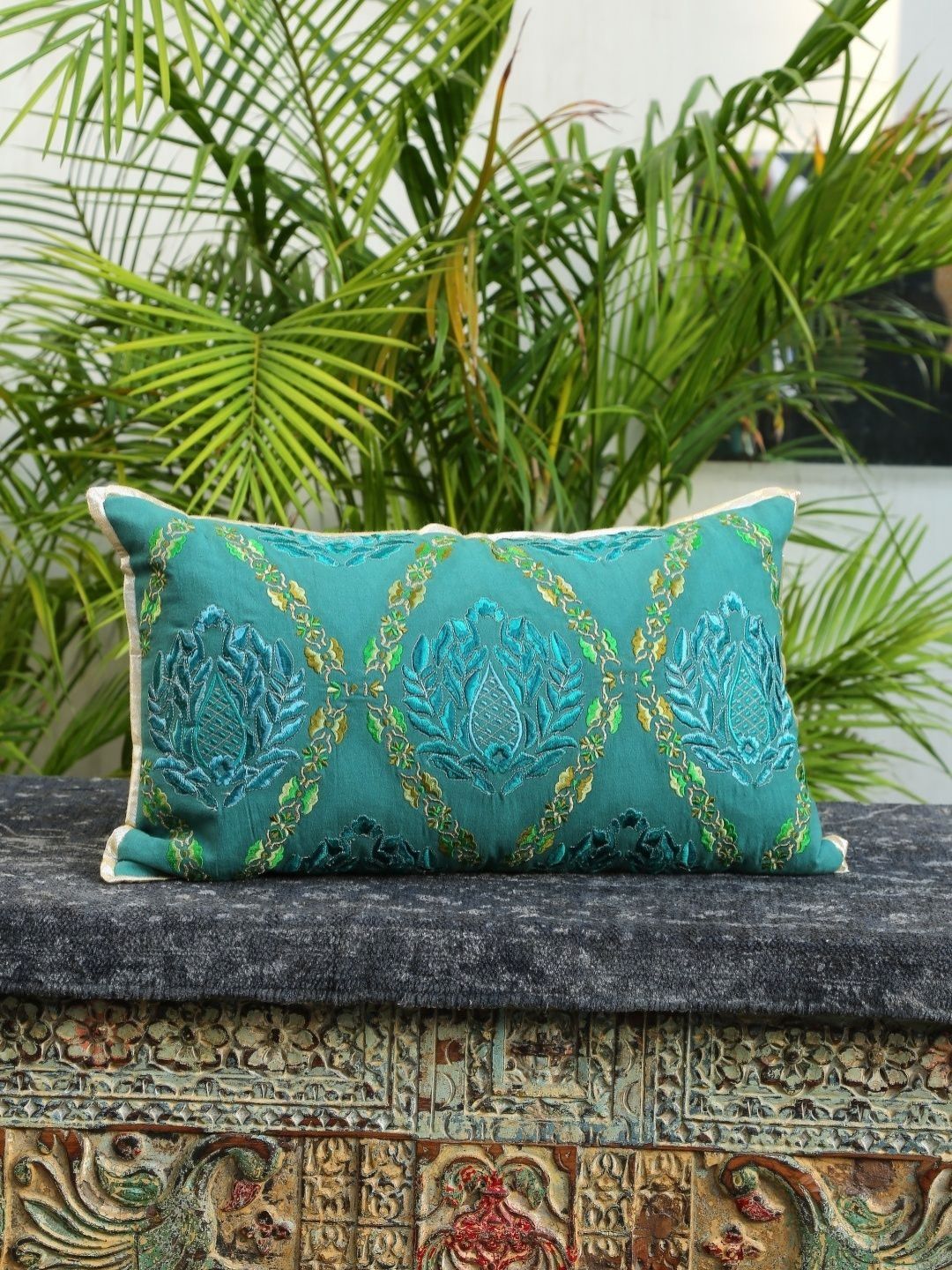Revive Home Teal & Green Ethnic Motifs Embroidered Rectangle Cushion Cover-picture-36