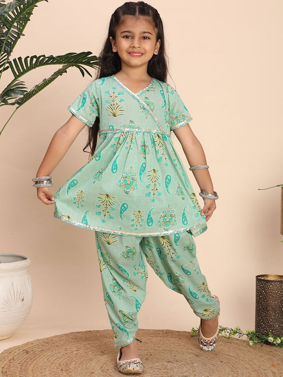 Cutiekins Girls Floral Printed V-Neck Angrakha Gotta Patti Kurta With Dhoti Pants-picture-29